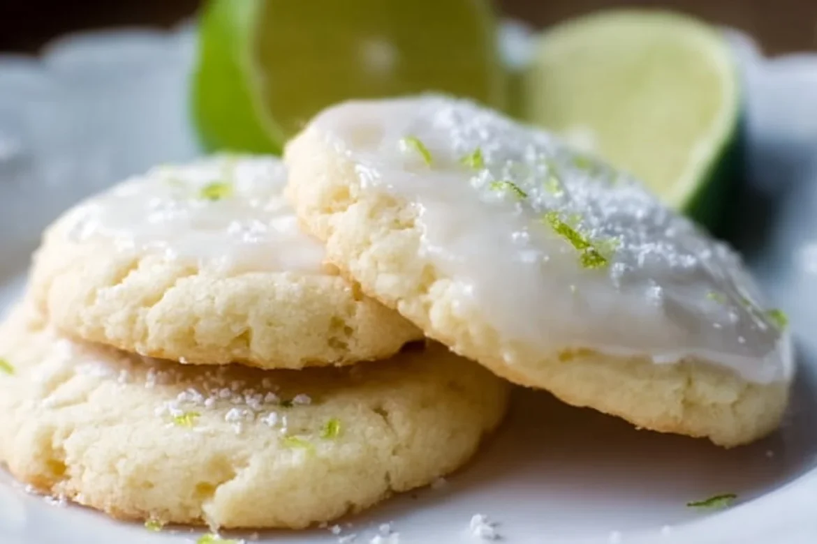 Delicious lime sugar cookies decorated with lime zest on a baking tray.