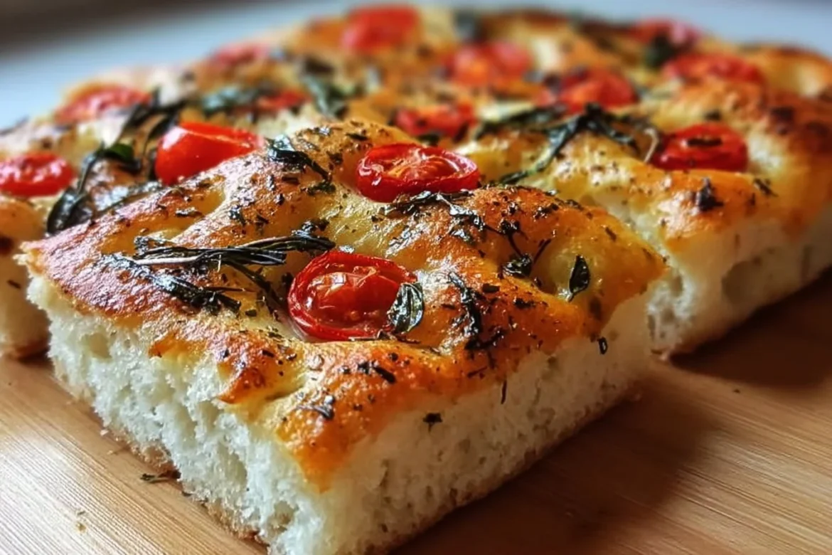 Freshly baked Margherita Focaccia Bread topped with tomatoes and basil.