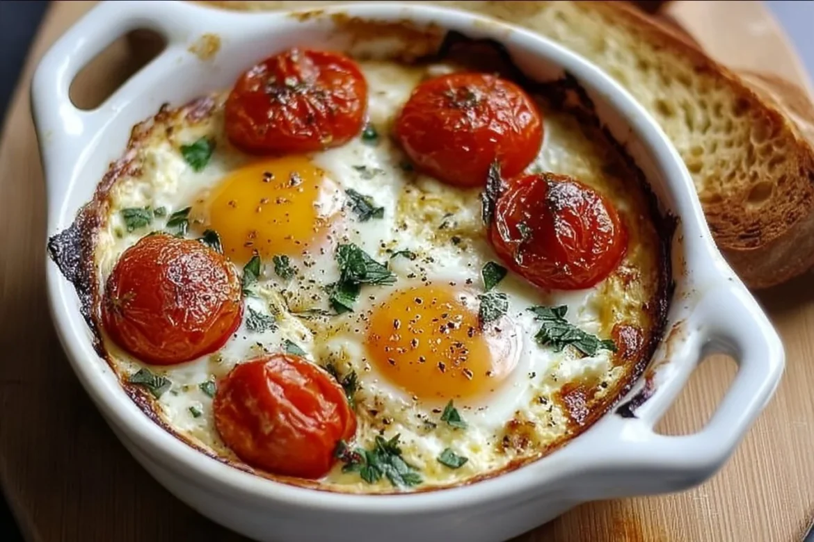 Mediterranean baked feta eggs served in a vibrant dish with herbs and spices
