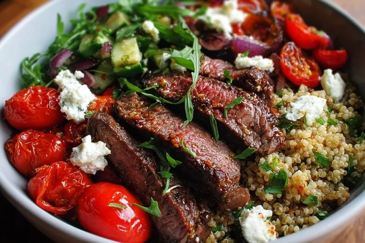 Mediterranean steak bowls with fresh vegetables and herbs