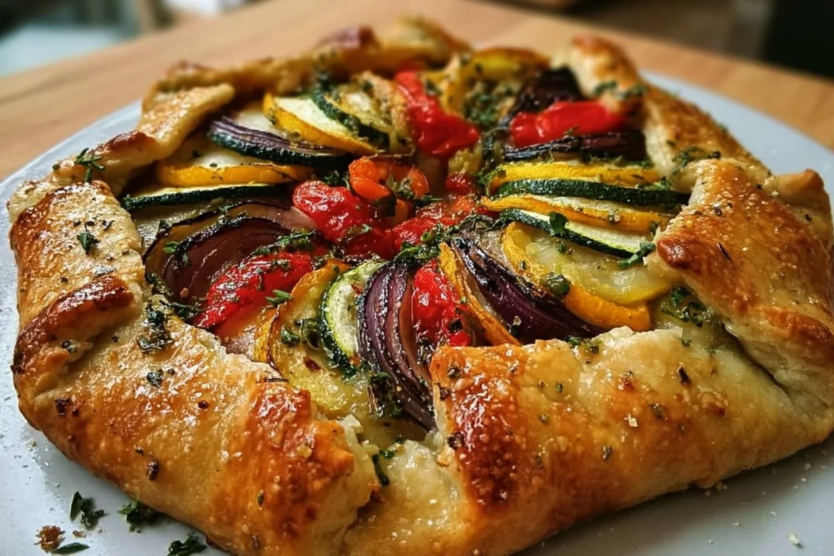 A delicious Mediterranean vegetable galette with fresh vegetables and flaky crust.