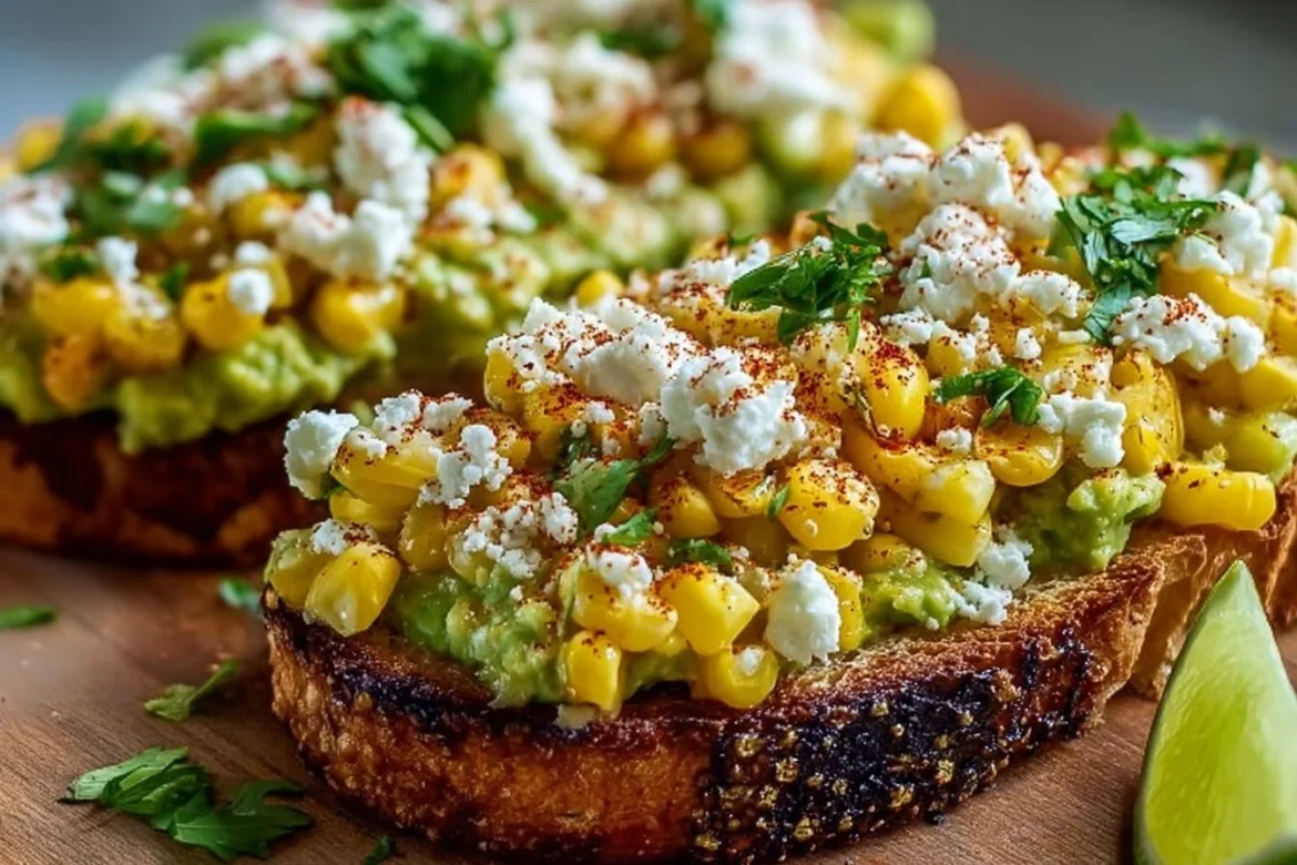 Mexican street corn avocado toast topped with cilantro and lime