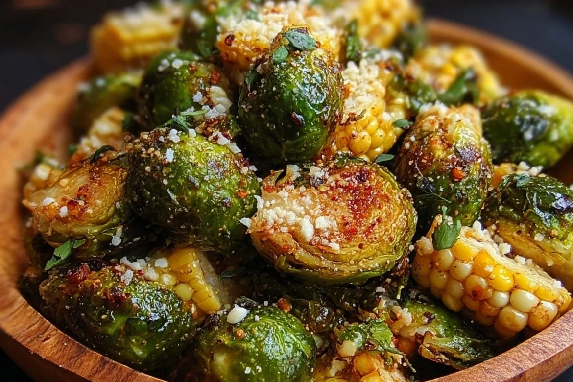 Roasted Brussels sprouts inspired by Mexican Street Corn with toppings.