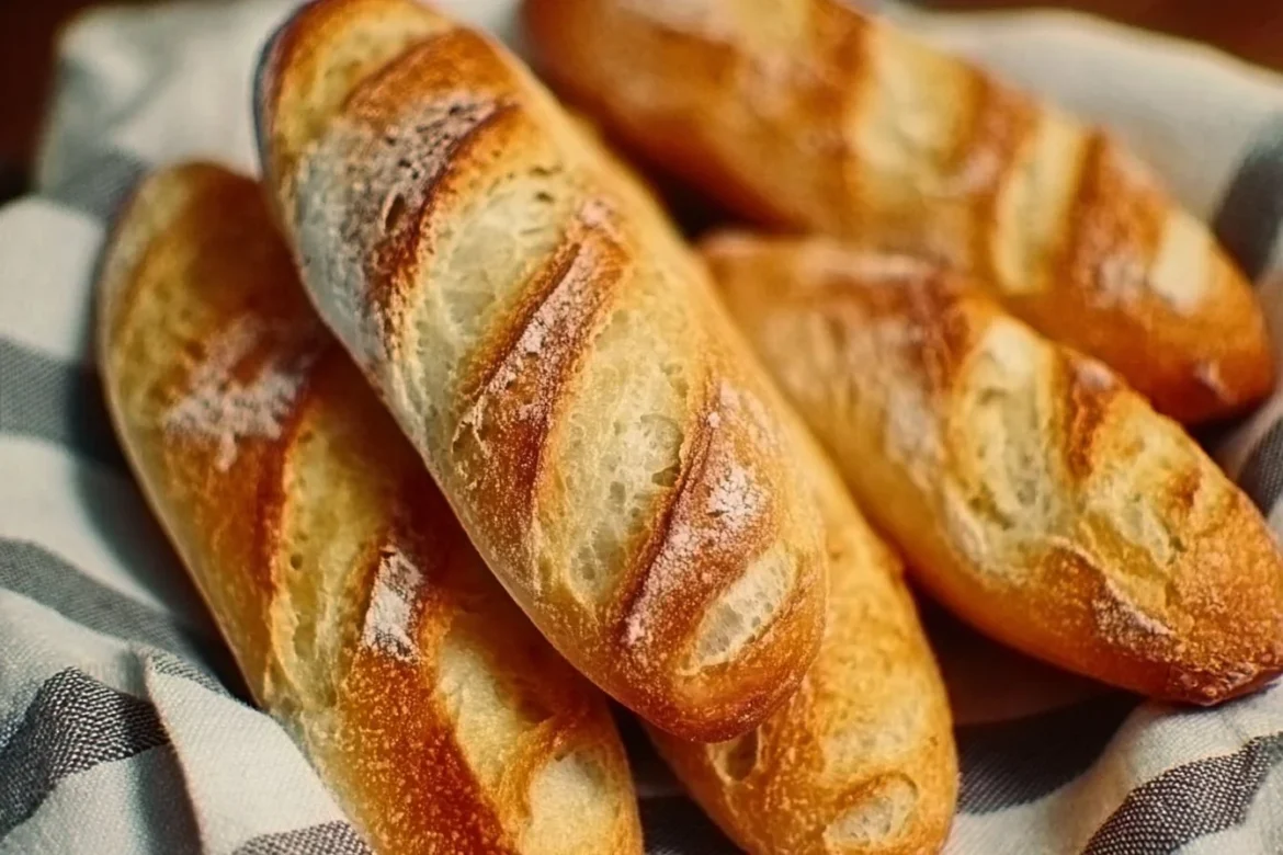 Freshly baked mini baguettes served on a wooden board
