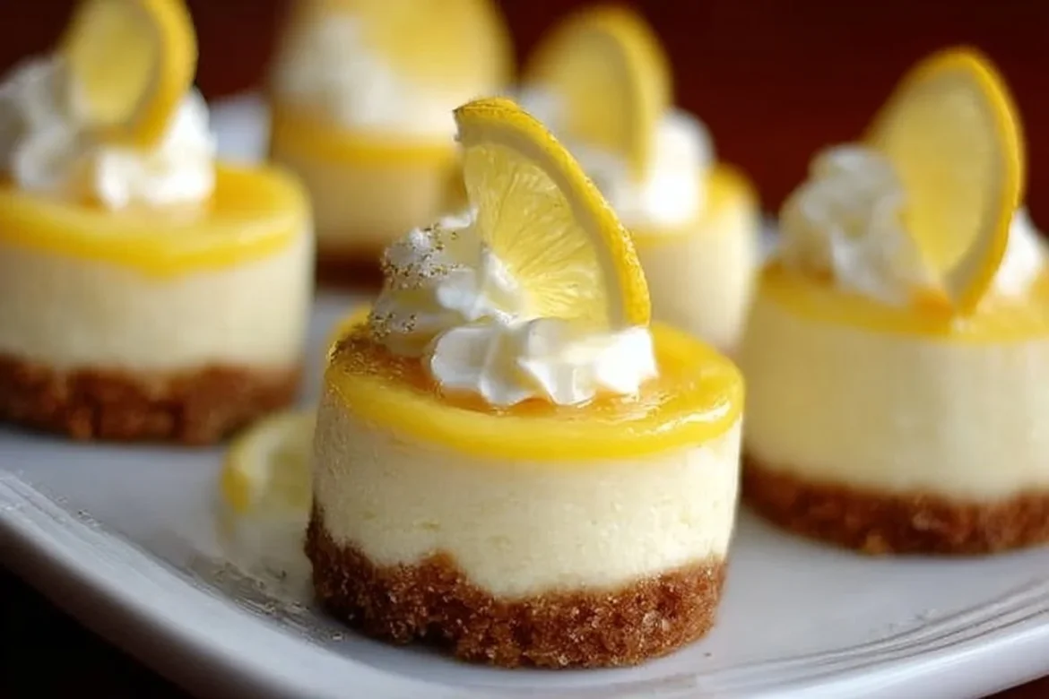 Delicious mini lemon cheesecakes topped with whipped cream and lemon zest.