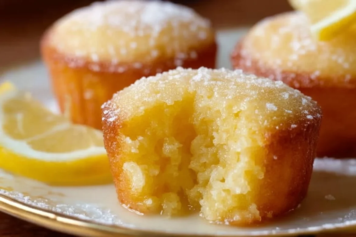 Mini lemon drop cakes topped with lemon glaze and zest on a white plate