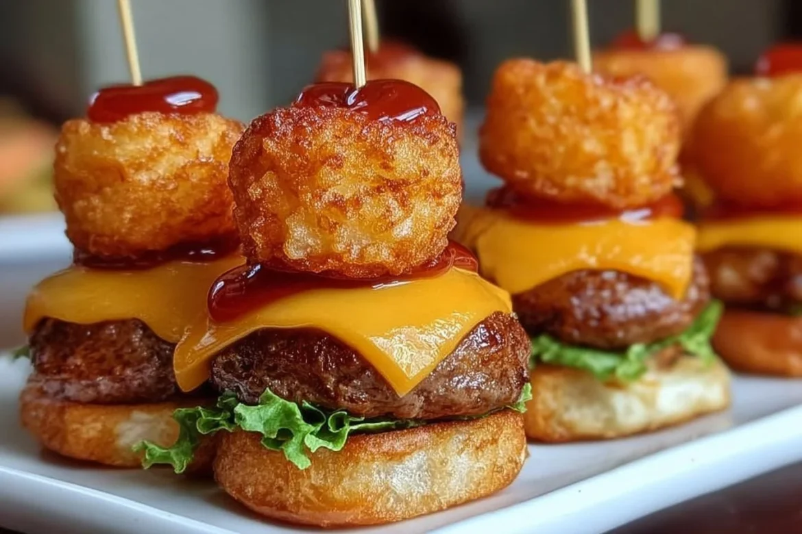 Mini Tater Tot Cheeseburgers served with toppings on a plate