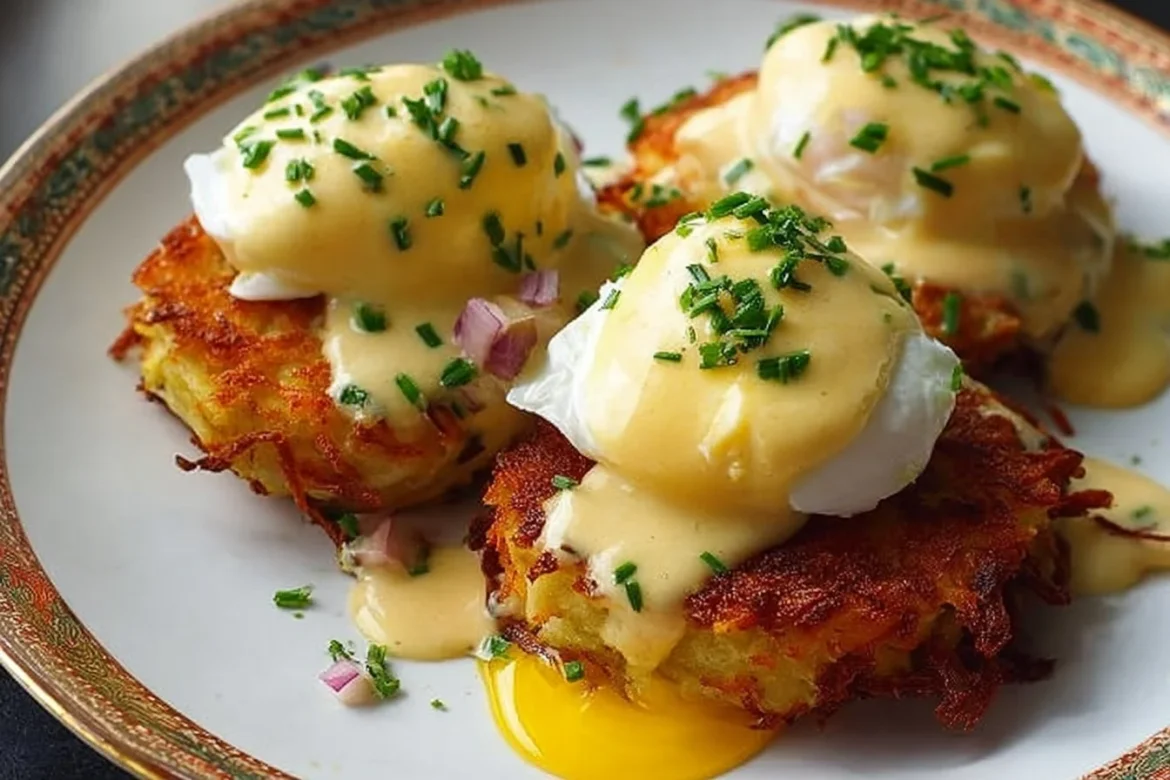 Delicious Latke Eggs Benedict topped with poached eggs and hollandaise sauce
