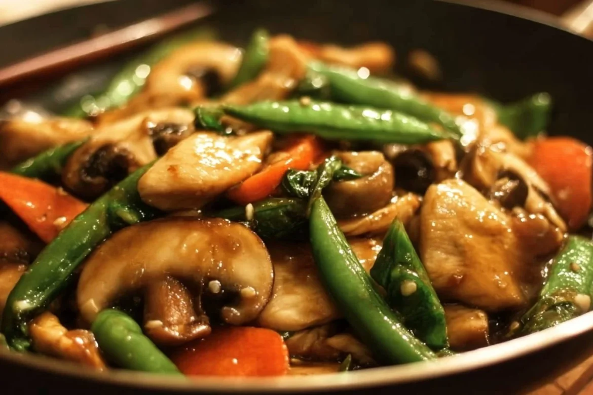 Pan-fried Mushroom Chicken served on a plate with fresh herbs