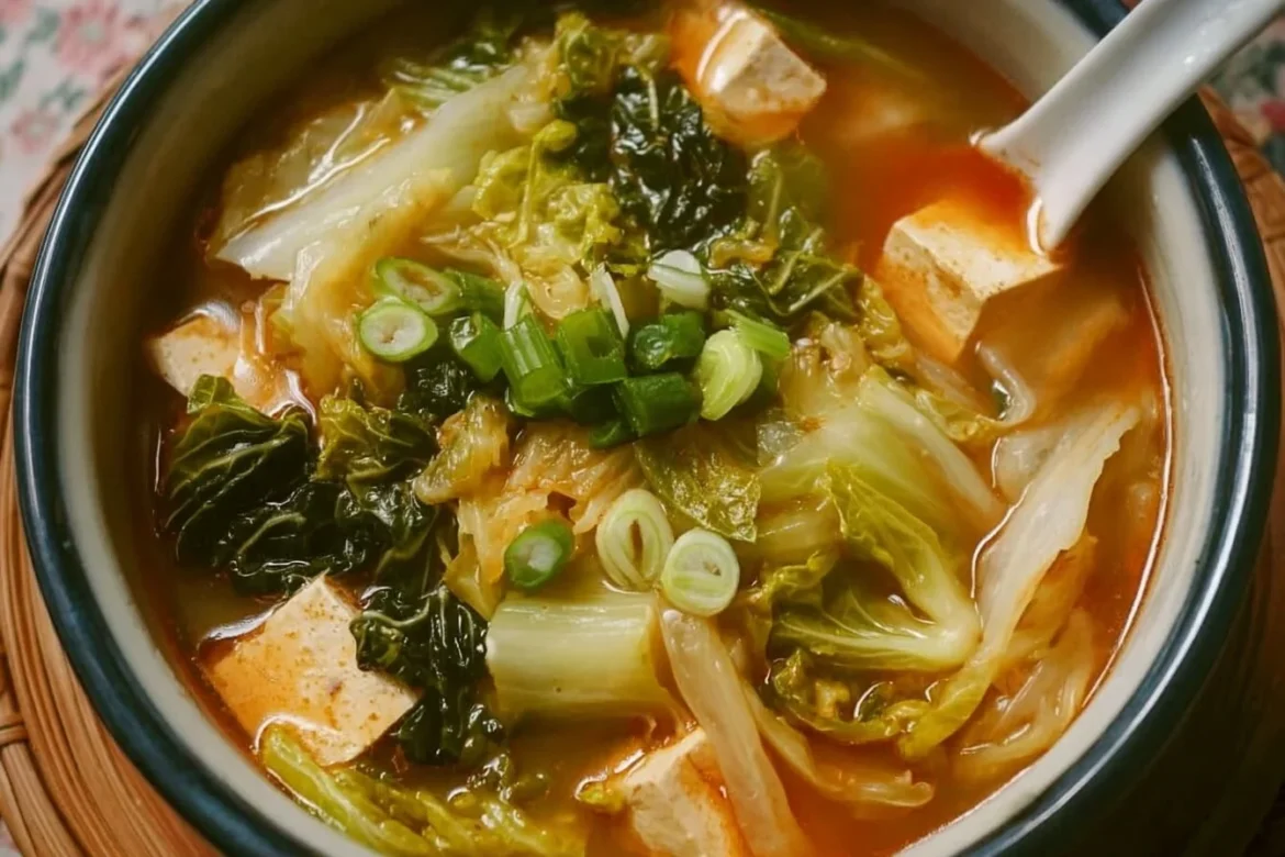Bowl of delicious Napa cabbage tofu soup garnished with herbs