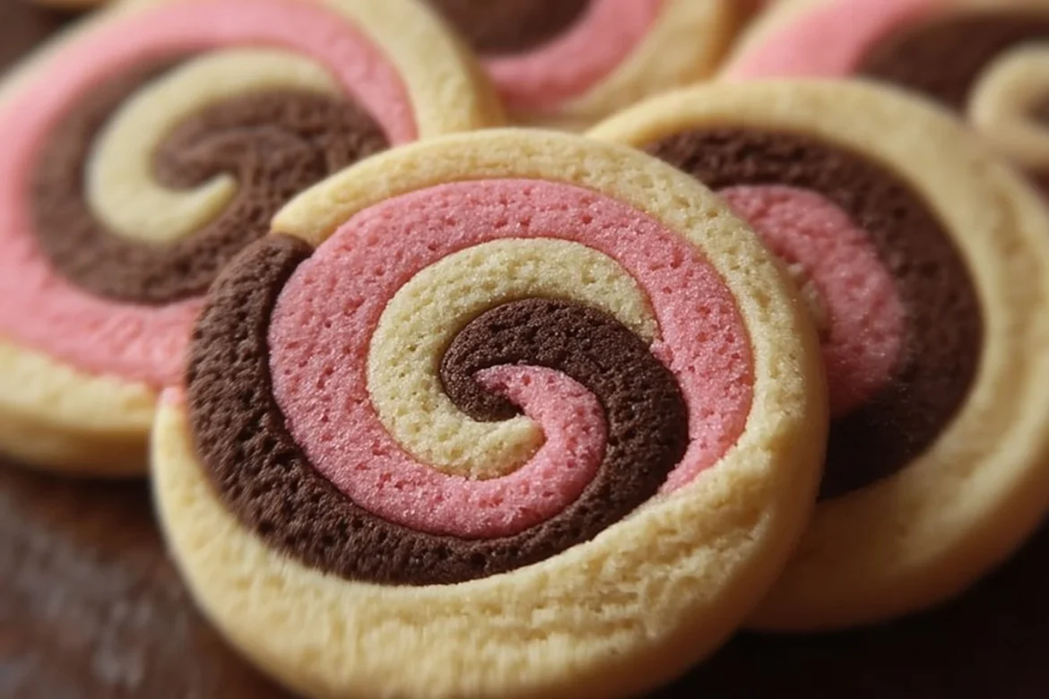 Plate of Neapolitan Swirl Cookies showcasing chocolate, vanilla, and strawberry layers