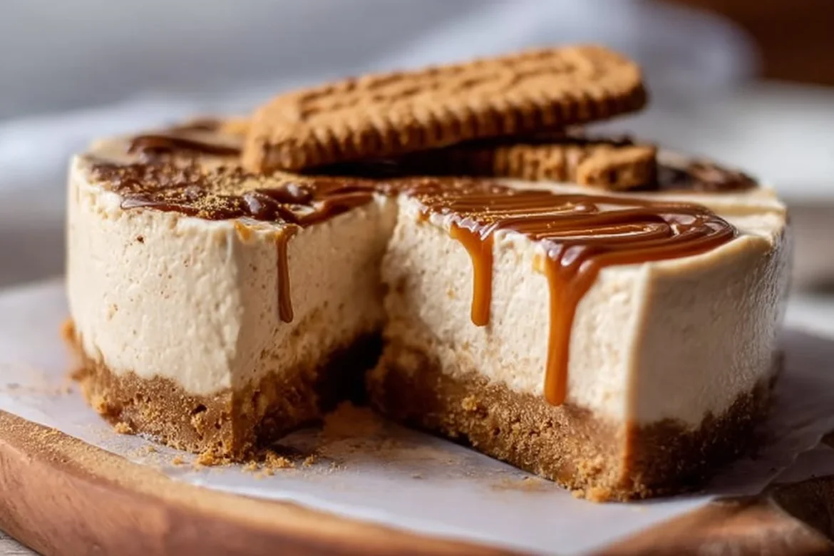 Delicious no bake Biscoff cheesecake topped with caramel and cookie crumbs