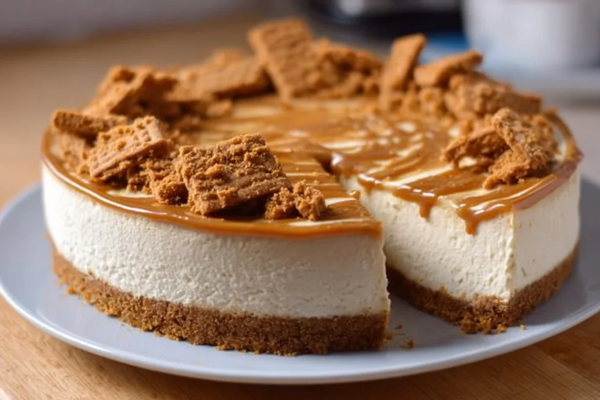 Delicious No Bake Biscoff Cheesecake topped with cookie crumbles