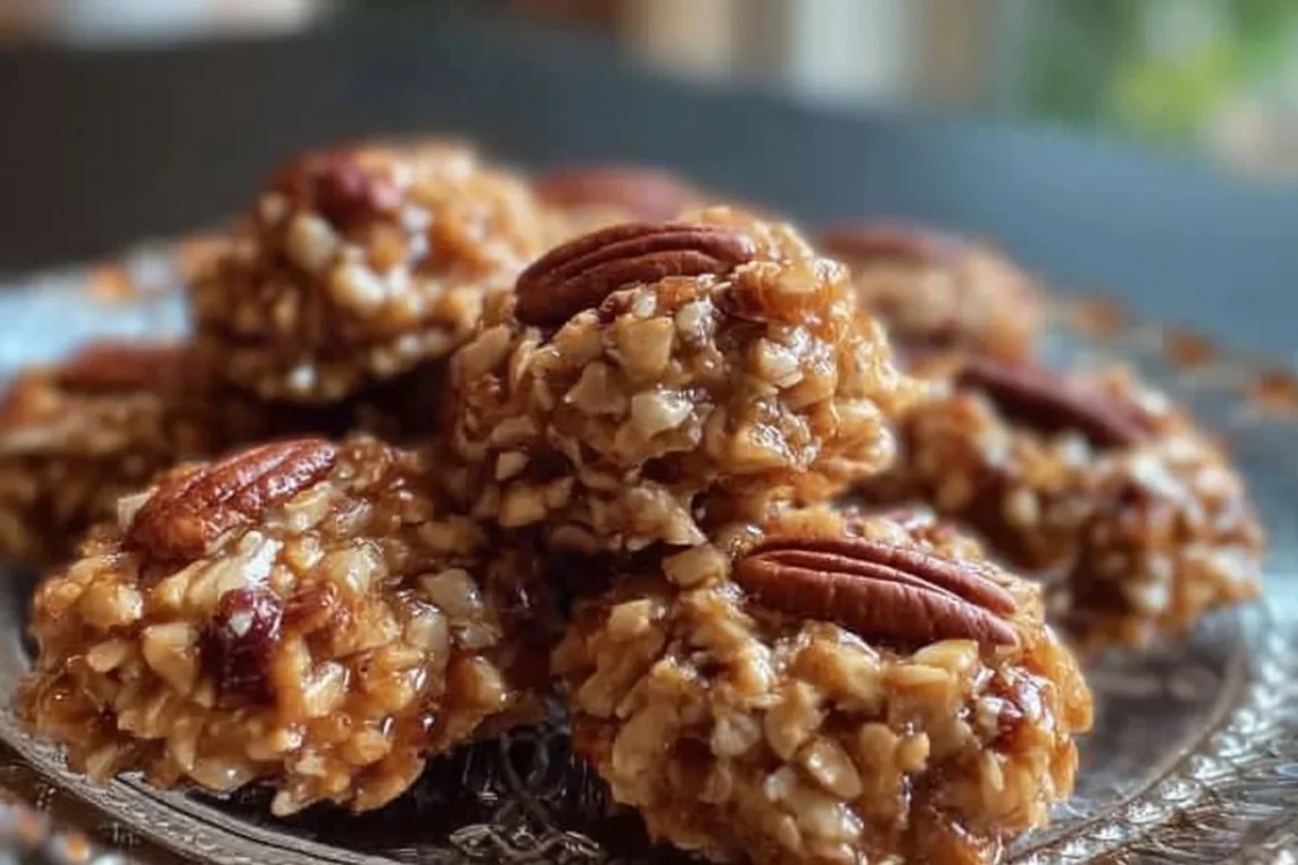 No-bake pecan coconut praline cookies on a plate