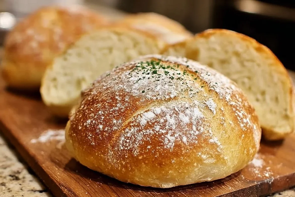 Freshly baked No-Knead Italian Bread loaf on a wooden table