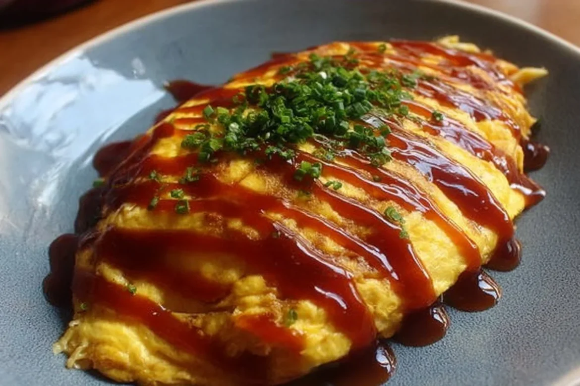 Delicious omelette rice served on a plate with garnish