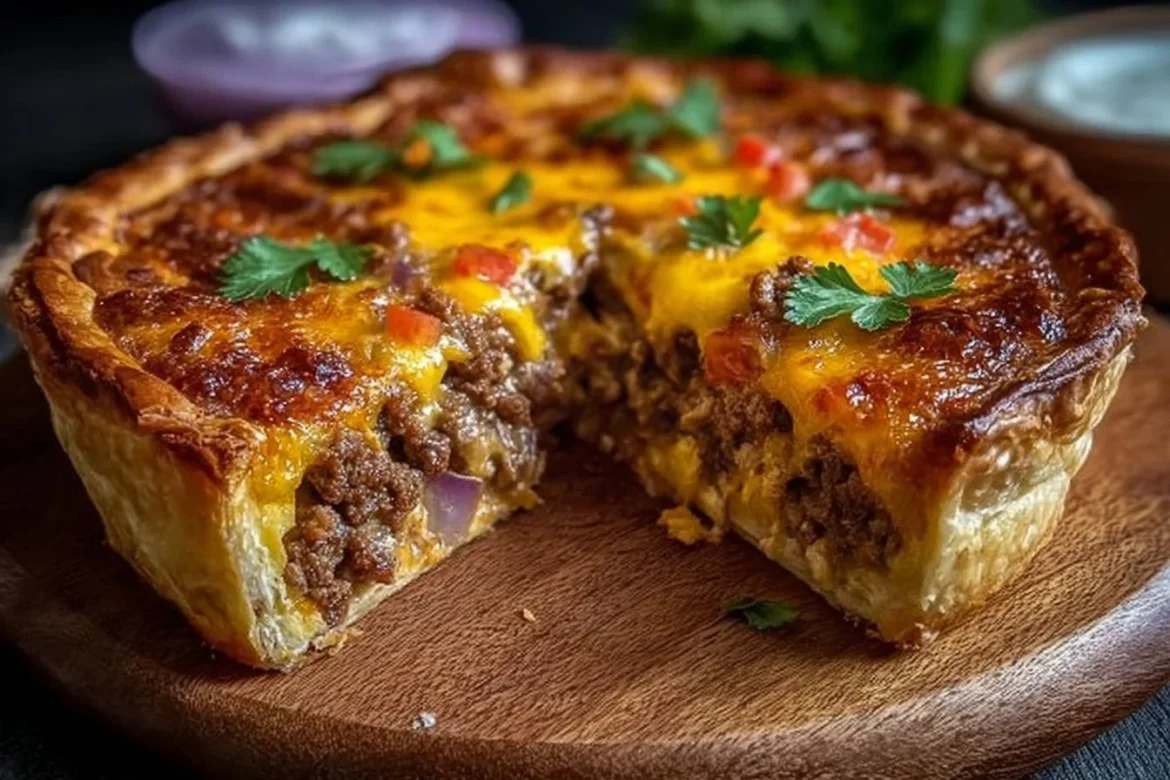 One-Pan Cheeseburger Pie ready to serve in a skillet, featuring juicy beef and melted cheese.