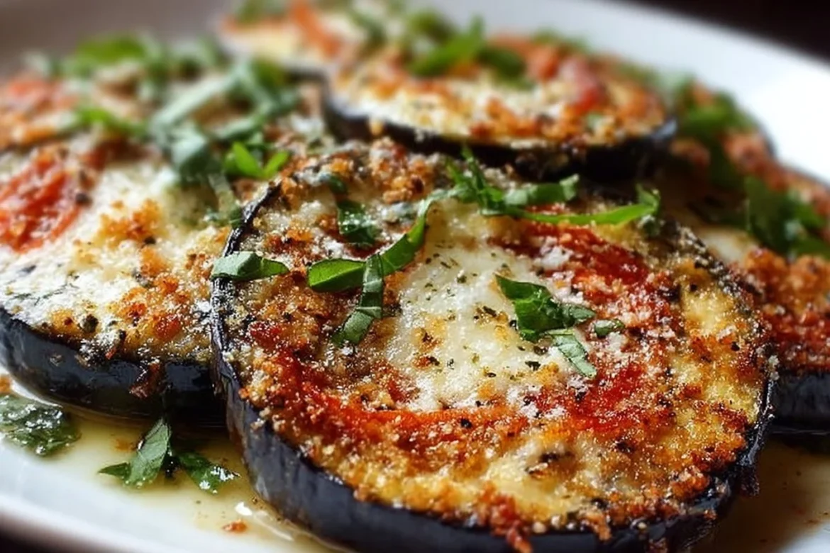Oven-baked Italian Eggplant garnished with herbs and spices.