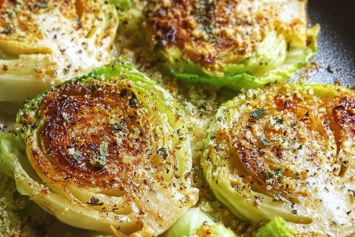 Parmesan Cabbage Steaks garnished with herbs on a wooden plate