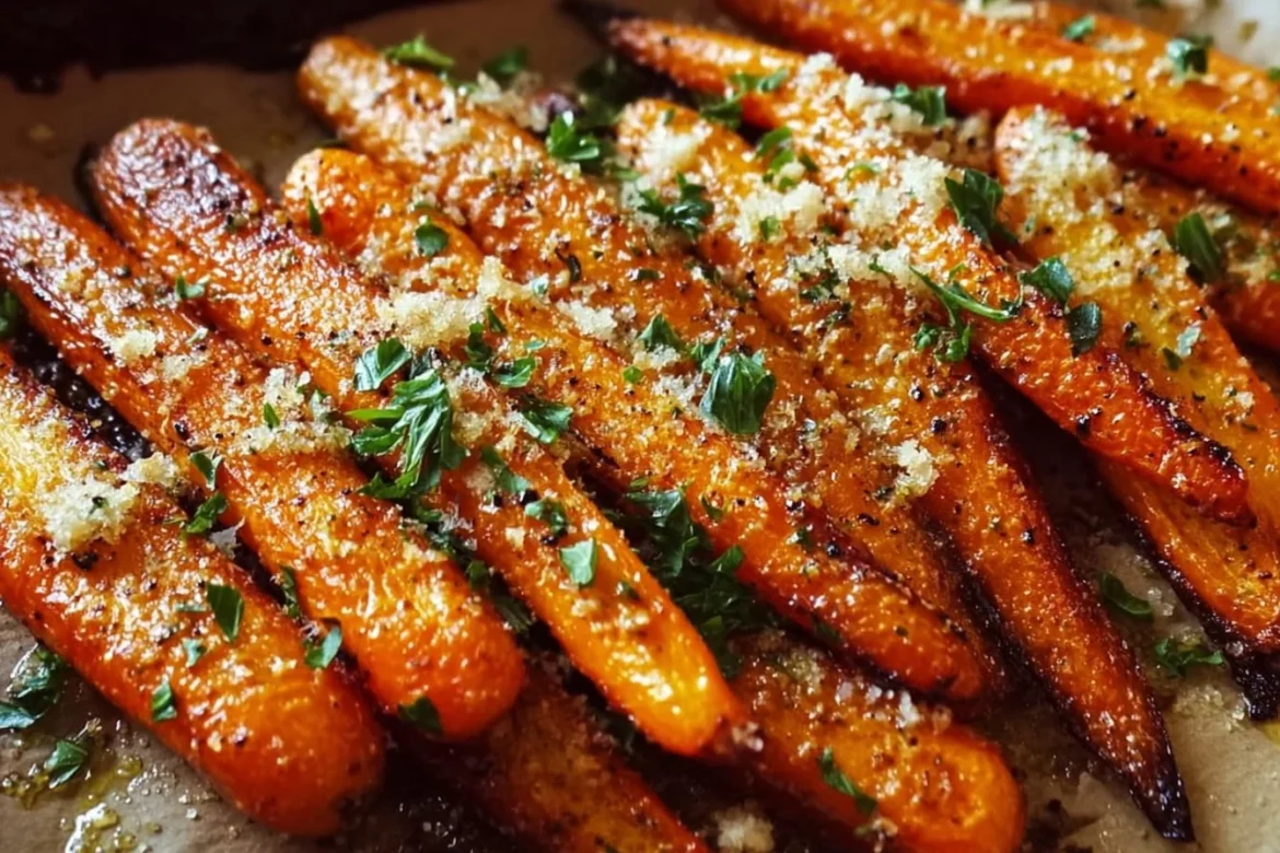Bowl of Parmesan Garlic Roasted Carrots garnished with herbs