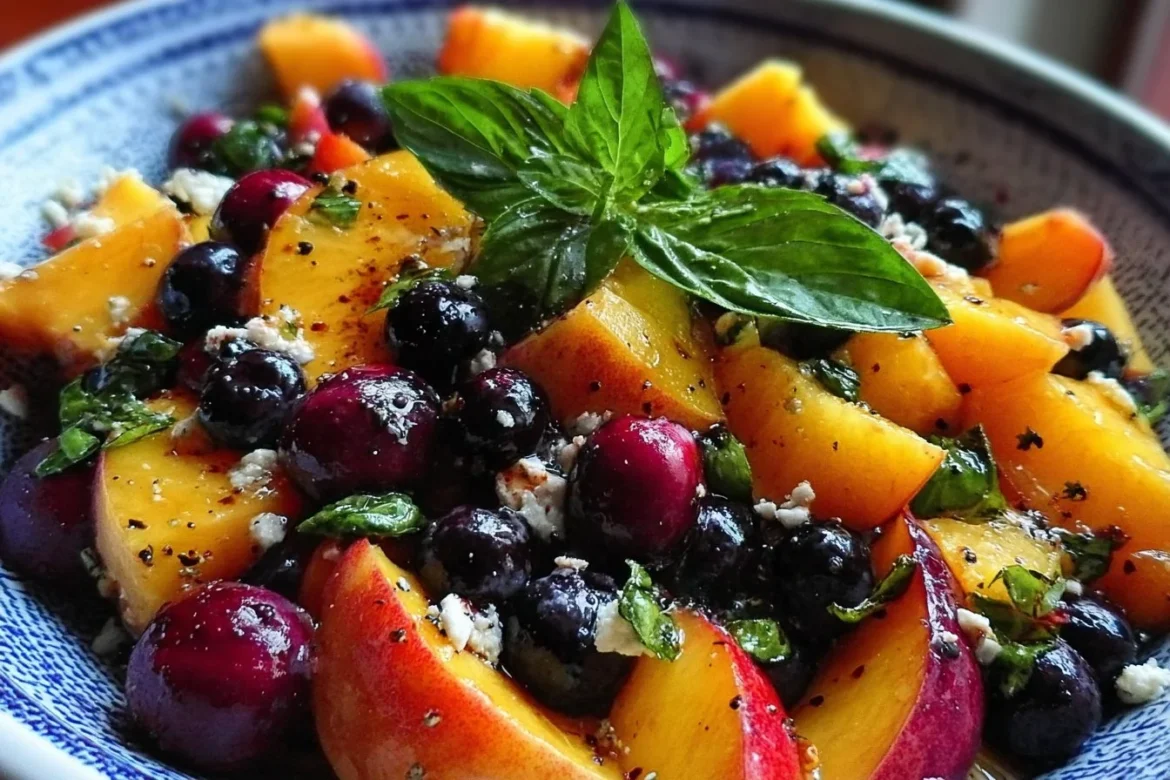 A colorful Peach and Blueberry Salad with fresh ingredients on a rustic table.