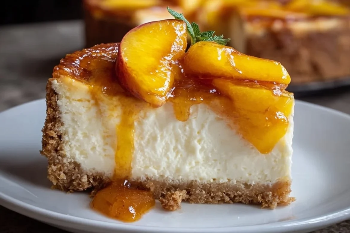 Slice of Peach Cobbler Cheesecake with peaches and crumble topping