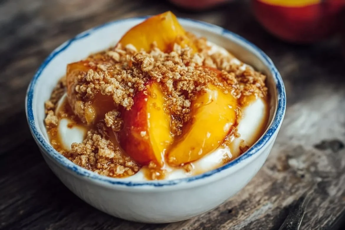 Delicious Peach Pie Cottage Cheese Bowls topped with fresh peaches and granola