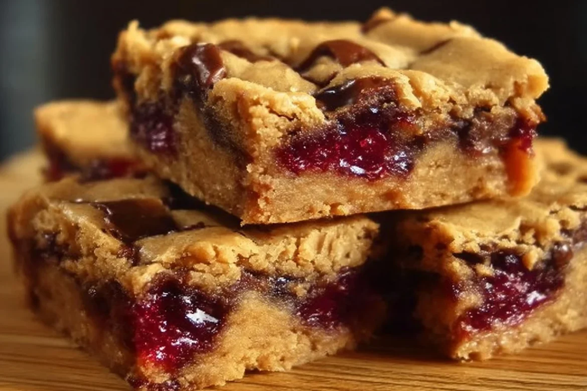 Delicious homemade Peanut Butter and Jelly Bars on a plate.