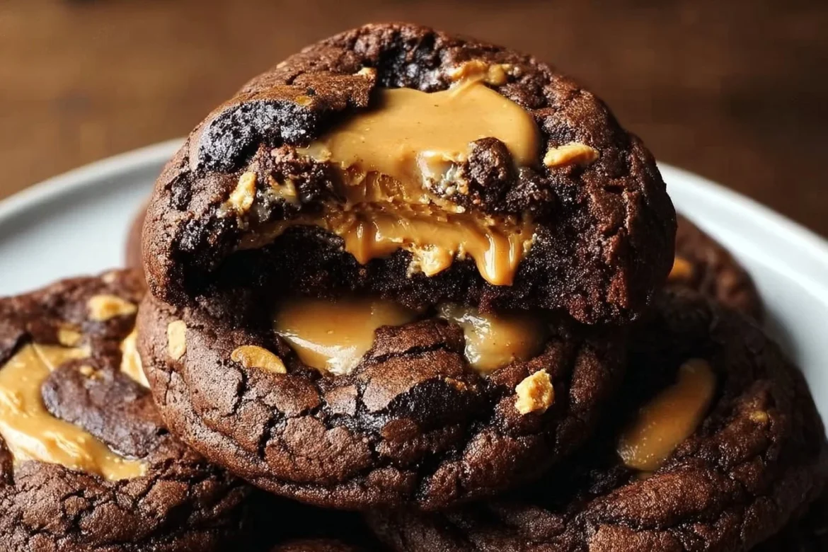 Peanut butter filled brownie cookies on a plate