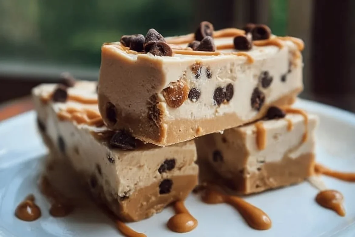 Peanut Butter Frozen Yogurt Bars topped with chocolate drizzle.