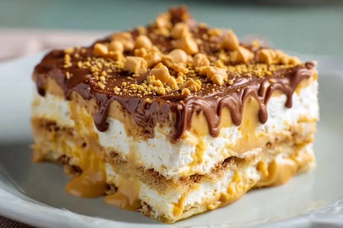 Delicious slice of peanut butter lasagna on a plate with chocolate drizzle