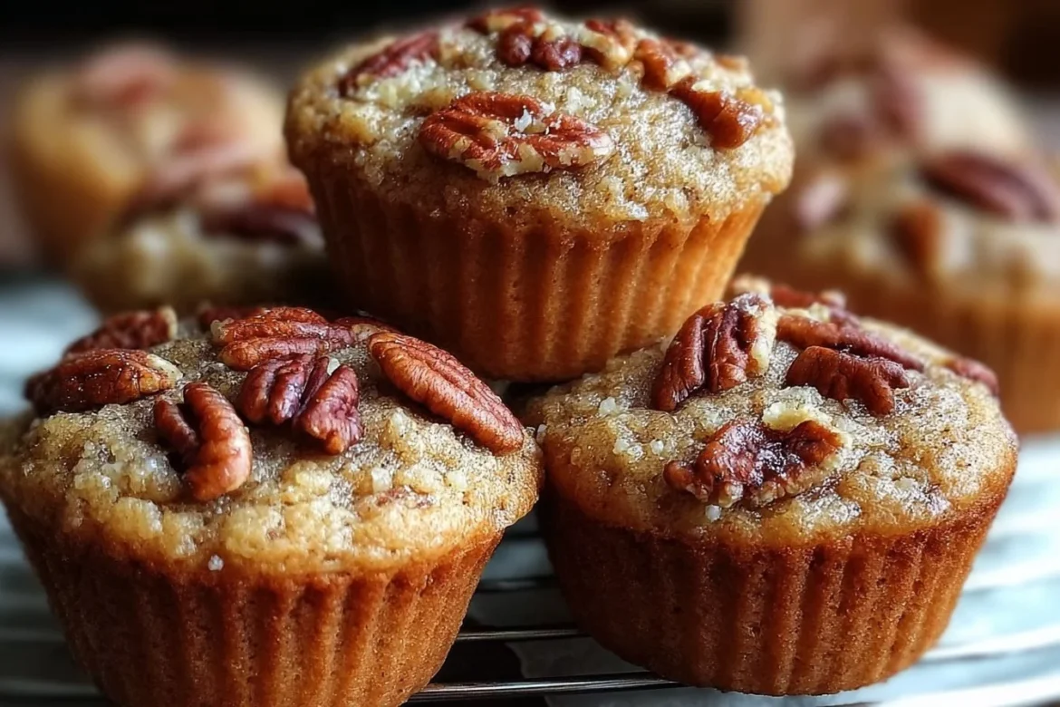 Pecan pie muffins fresh out of the oven, topped with crunchy pecans and brown sugar.