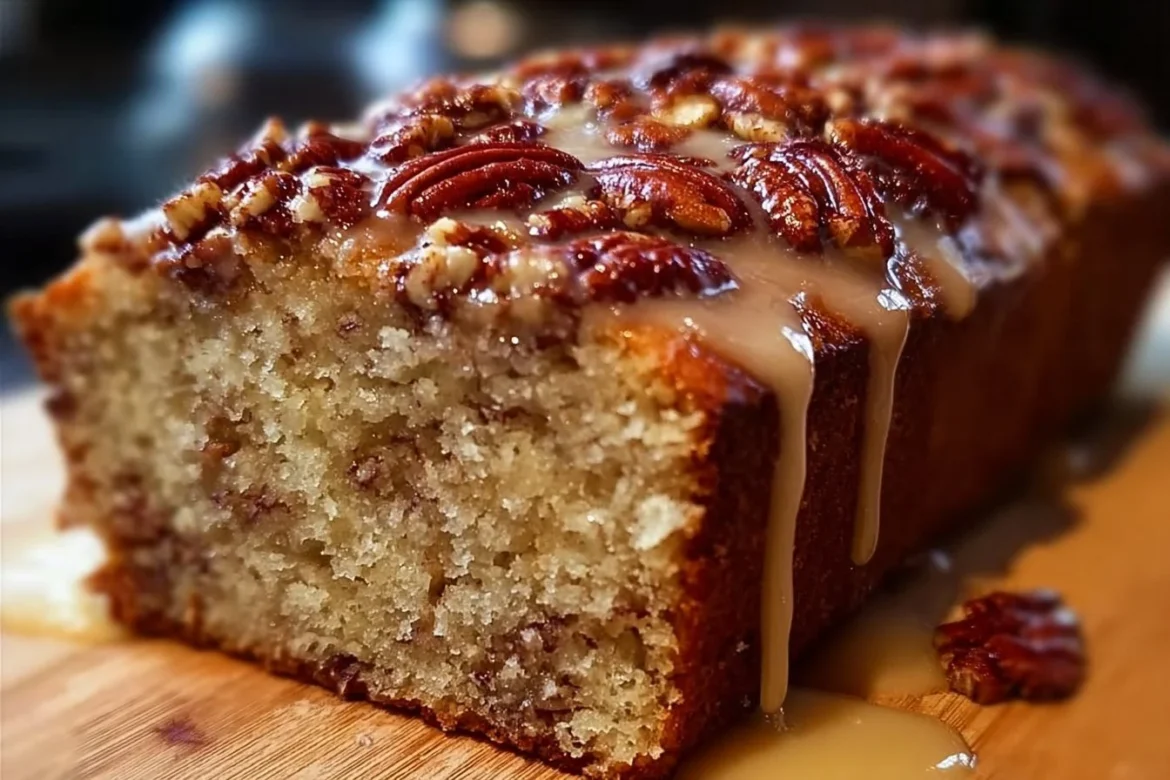 Pecan Praline Buttermilk Loaf Cake with nuts and caramel glaze