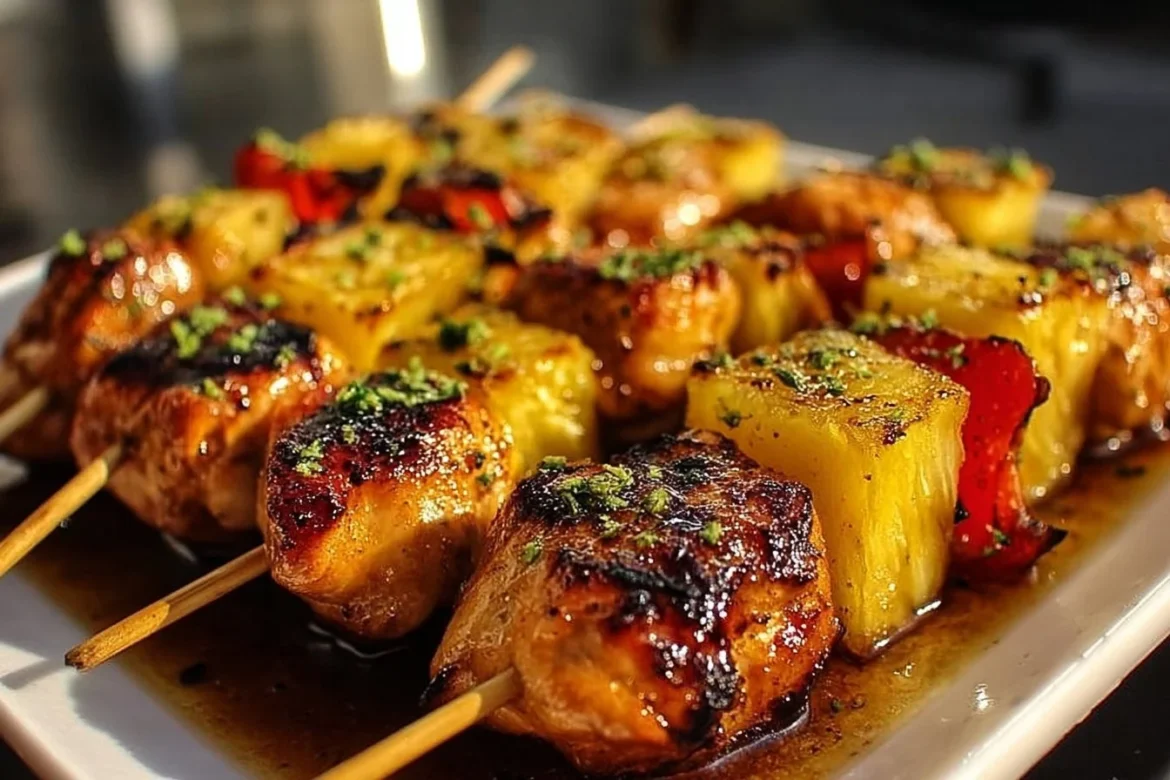 Grilled pineapple chicken kabobs served on skewers with colorful vegetables