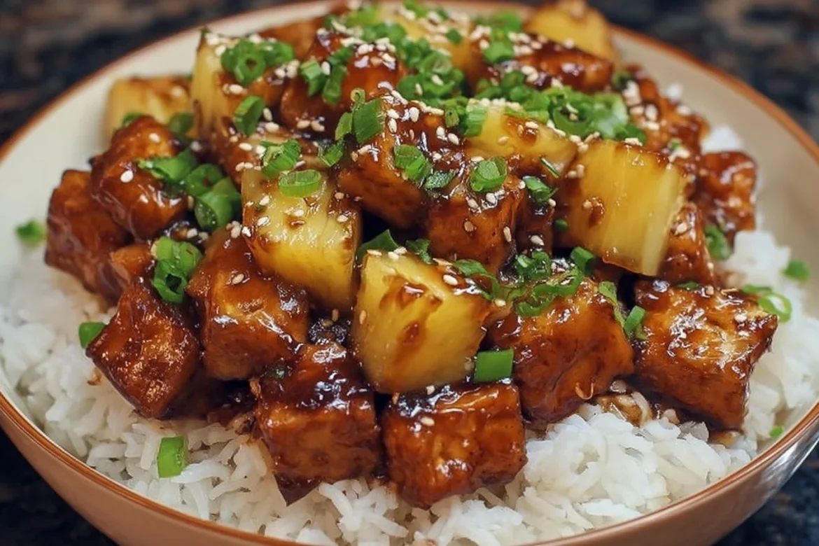 Delicious Pineapple Teriyaki Tofu garnished with fresh herbs.