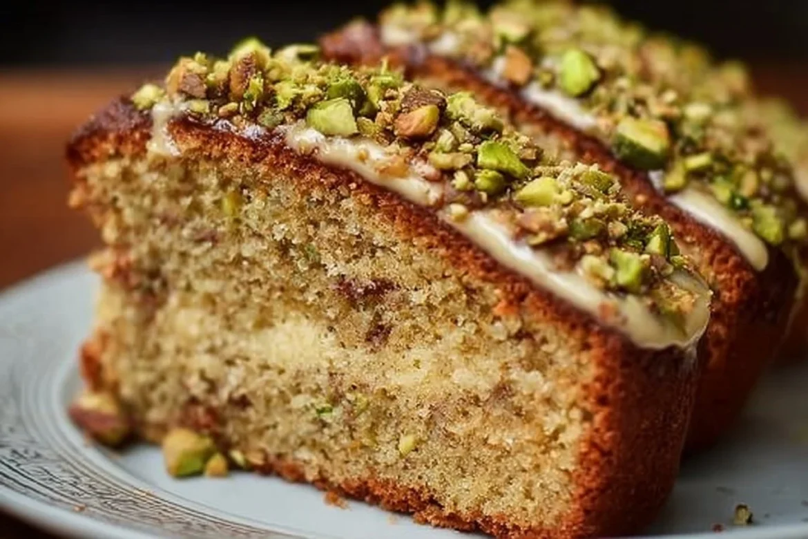 Delicious slice of Pistachio Coffee Cake with nuts on top
