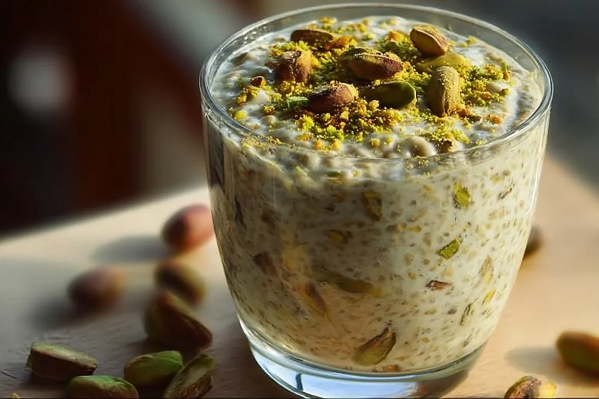 Bowl of pistachio overnight oats topped with nuts and fruits