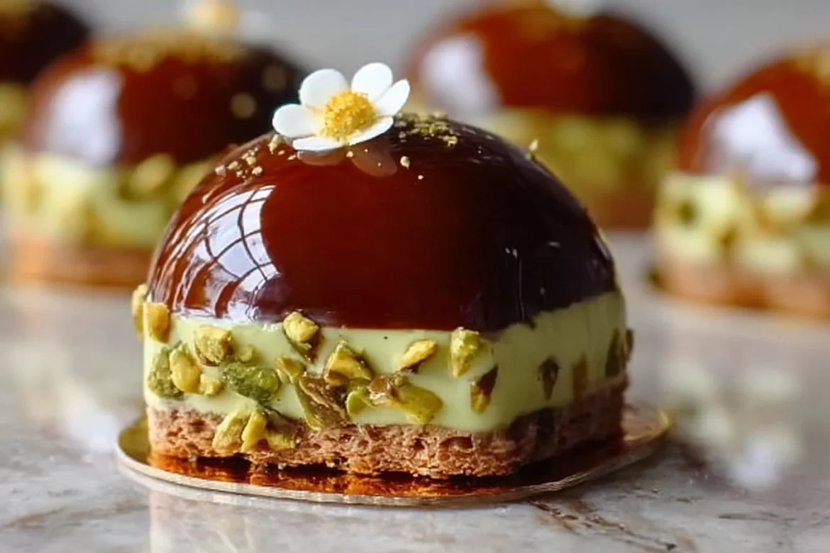 Delicious Pistachio Praline Cake topped with crunchy praline and garnished with pistachios