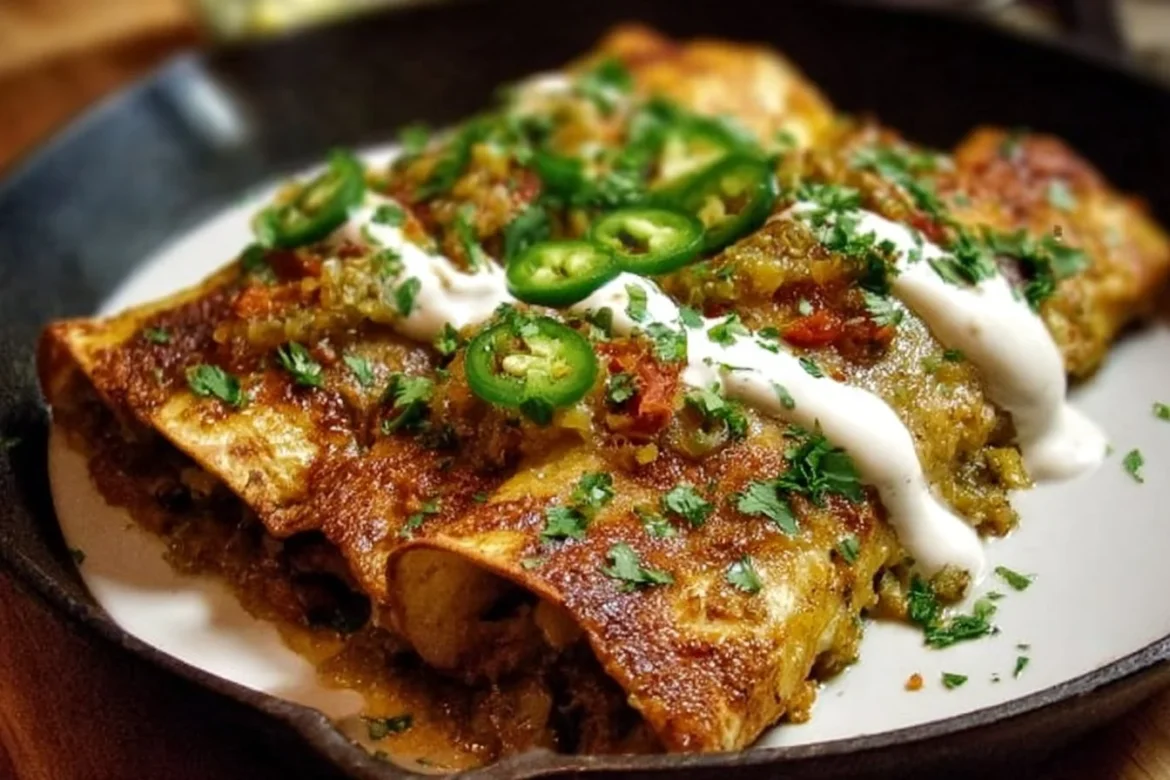Plate of plant-based Potato Green Chili Enchiladas topped with cilantro and avocado