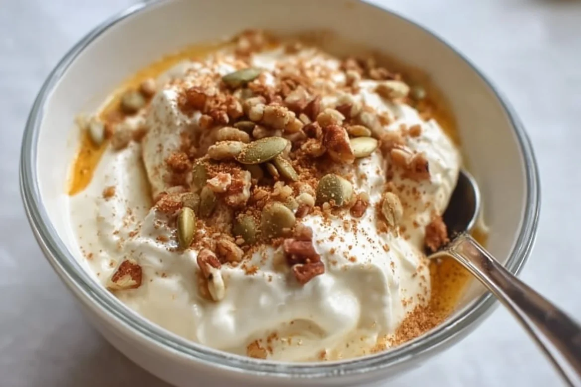 Pumpkin Pie Yogurt Bowl topped with whipped cream and cinnamon