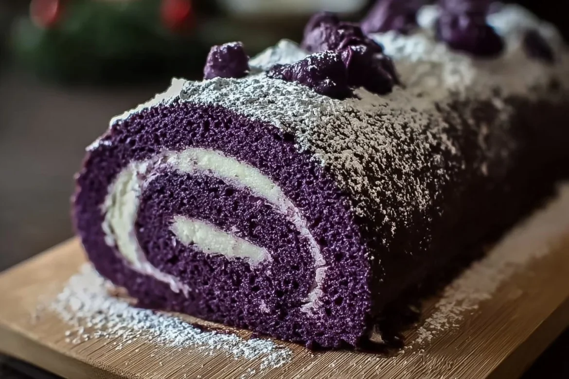 Purple velvet cake roll sliced on a plate with cream cheese frosting