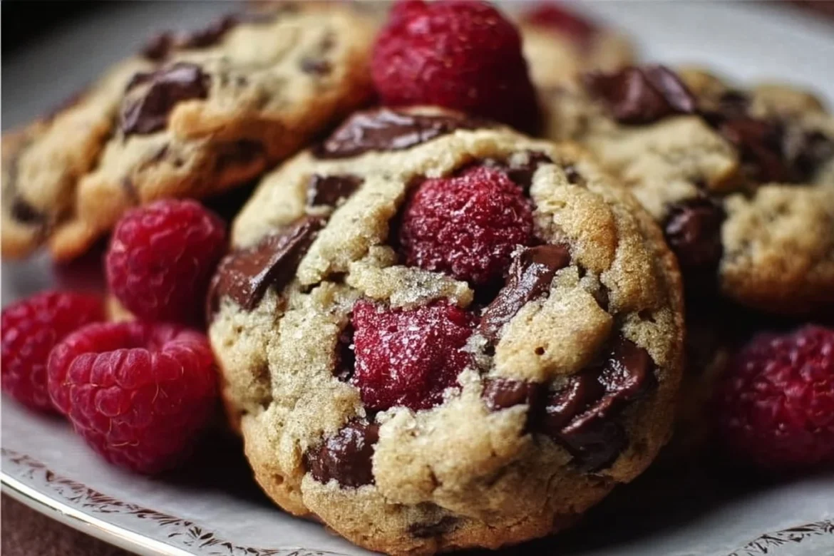 Freshly baked raspberry chocolate chunk cookies on a cooling rack