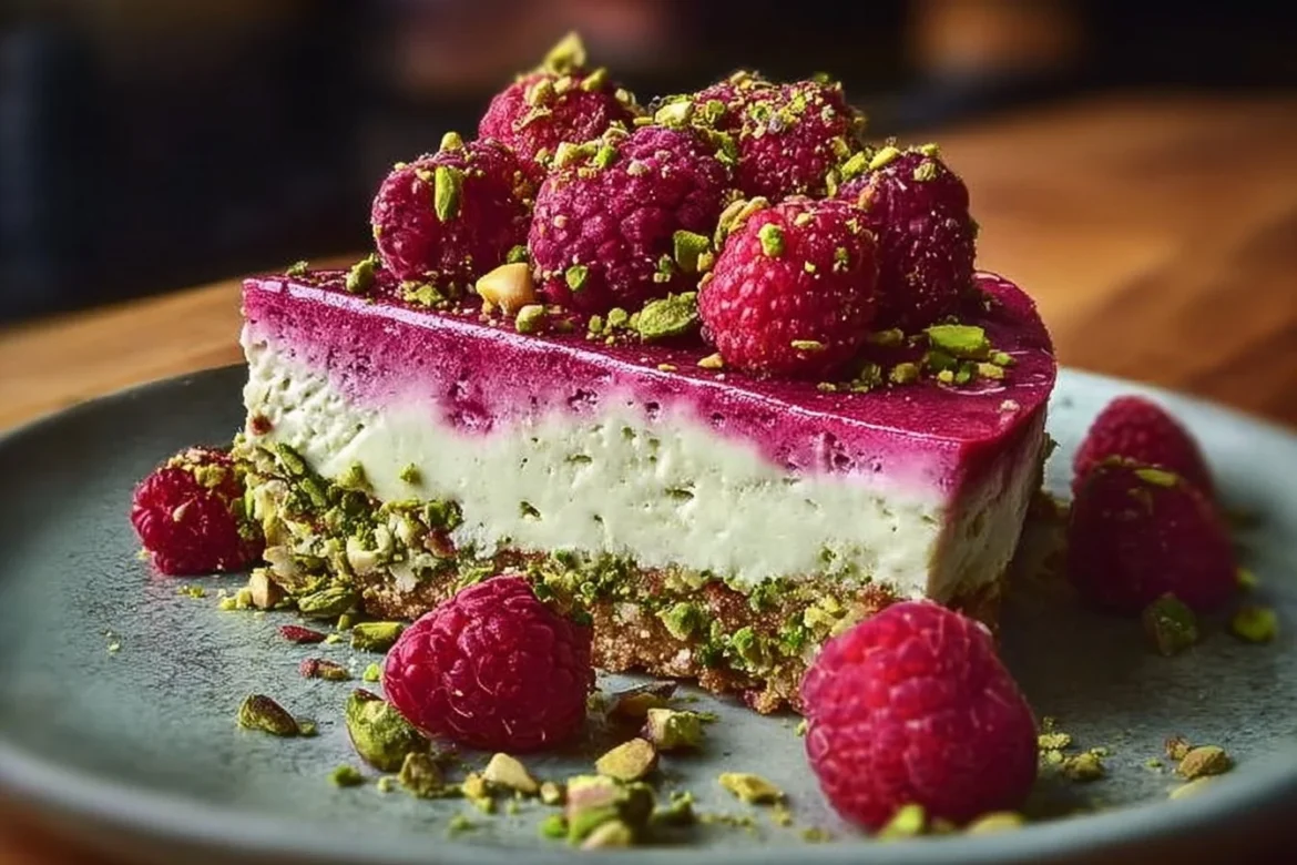Slice of Raspberry Pistachio Cheesecake with berries and nuts