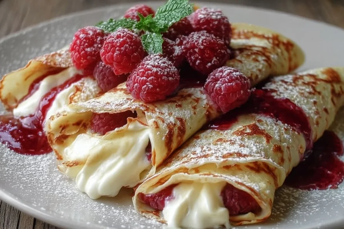 Delicious Raspberry Vanilla Cream Crepes topped with fresh raspberries.