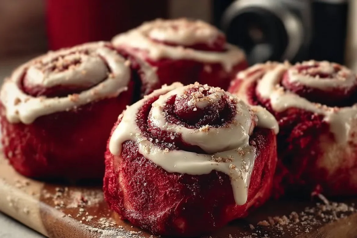 Delicious red velvet cinnamon rolls topped with cream cheese frosting