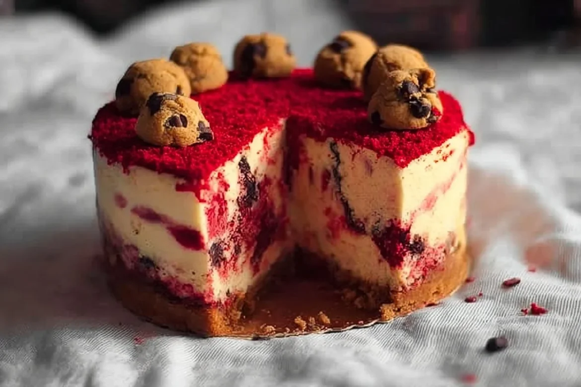 Delicious red velvet cookie dough cheesecake slice on a plate