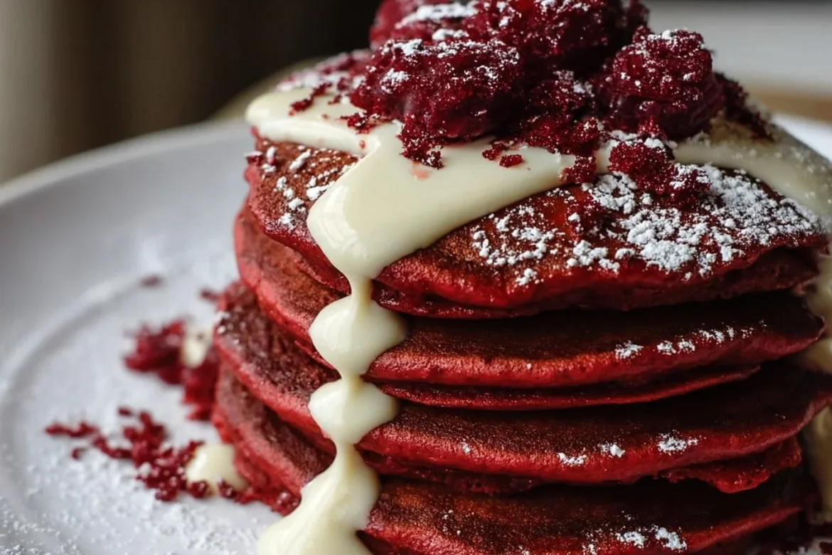 Delicious stack of Red Velvet Pancakes with cream cheese frosting on top