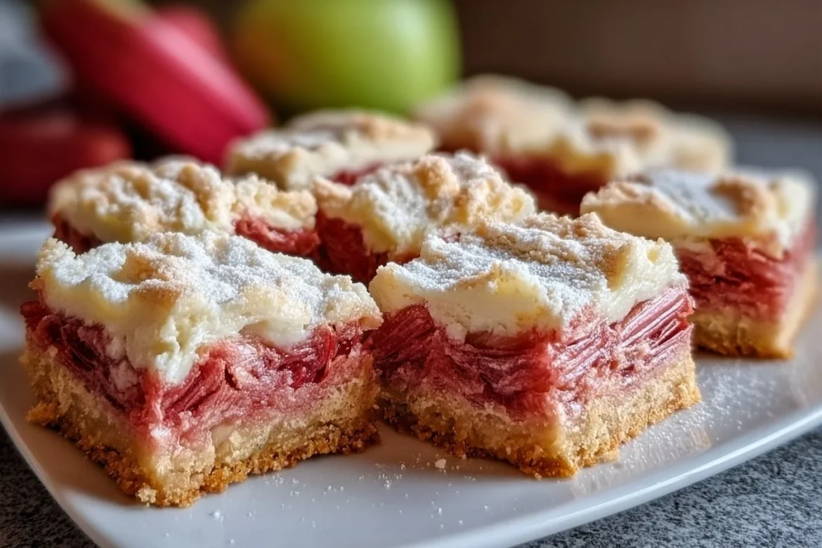Delicious rhubarb bars topped with cream cheese frosting on a plate