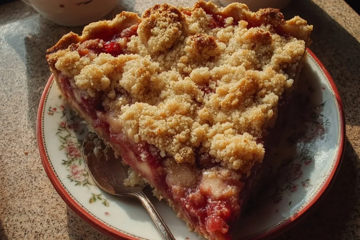 Delicious rhubarb crumble pie with a buttery topping, served on a plate.