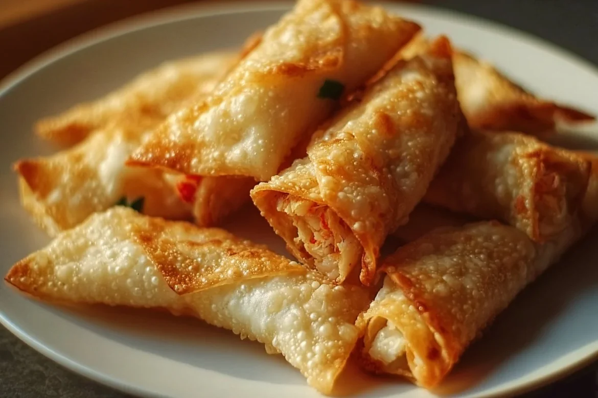 Crispy rice paper crab rangoons served with dipping sauce on a plate